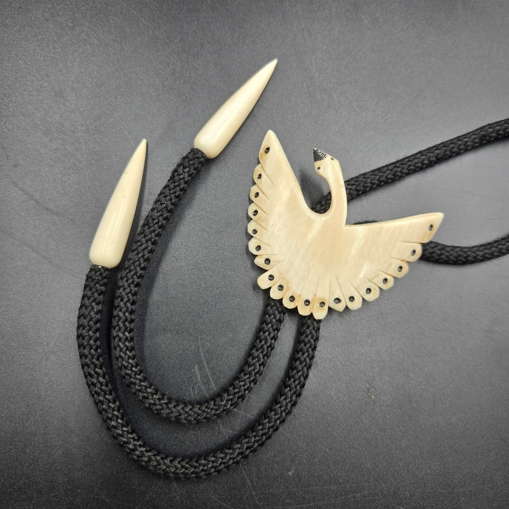 vintage handcrafted artisan bolo tie Carved Soaring Swan Bird Pendant Nylon Cord